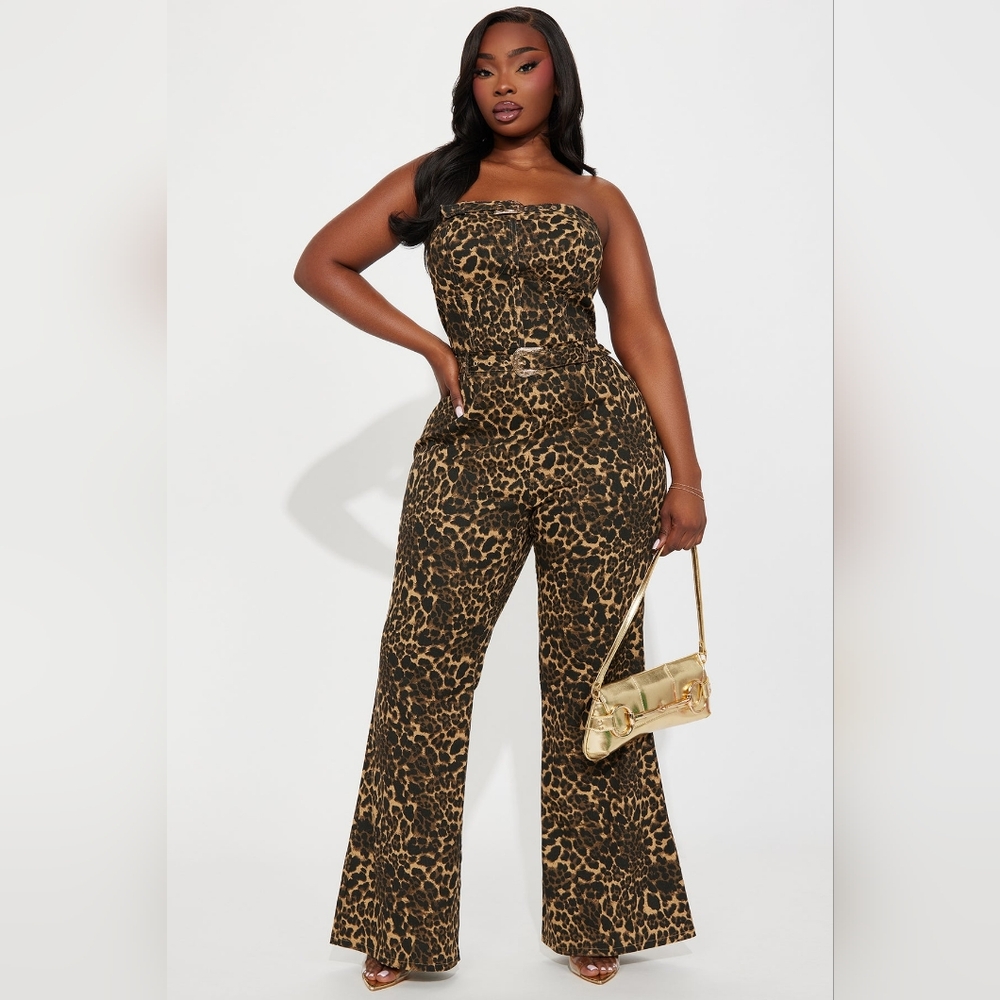 HOTLANTA Leopard Print Strapless Belted Waist Jumpsuit W/ Smocked Back Inseam 32